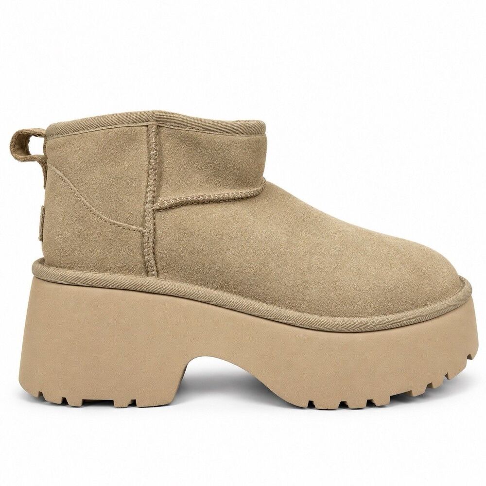 UGG Classic Ultra Mini New Heights Womens 8 Beige Suede Platform Boots 1158311